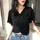 Plain V-neck Batwing-sleeve Cropped Top