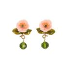Fashion And Elegant Plated Gold Enamel Pink Flower Earrings With Green Cubic Zirconia Golden - One Size