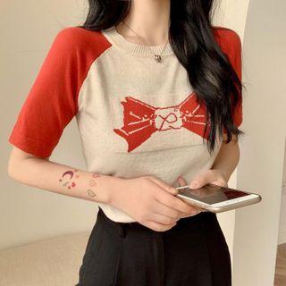 Short-sleeve Bow Printed Knit Top