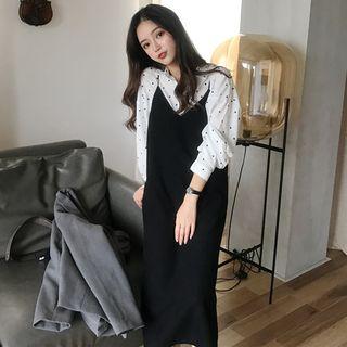 Dot Long-sleeve Loose-fit Shirt / Plain Sleeveless Dress