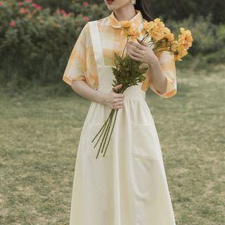 Set: Plaid Short-sleeve Shirt + Suspender Midi Skirt