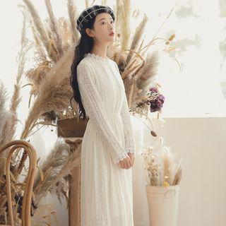 Stand-collar Lace Midi Dress