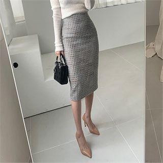 Checked Wool Blend Tweed Sheath Skirt