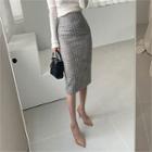 Checked Wool Blend Tweed Sheath Skirt