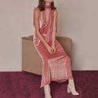 Set: Plain Spaghetti Strap Side Slit Maxi Dress + Neck Tie