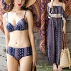 Set: Printed High Waist Bikini + Wide-leg Pants + Off-shoulder Short-sleeve Top