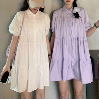 Balloon-sleeve Shirred Shirtdress