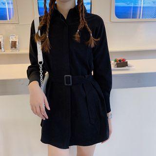 Plain Corduroy Tie-waist Shirtdress