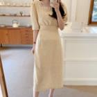 Square-neck Lace Trim Midi A-line Dress Almond - One Size