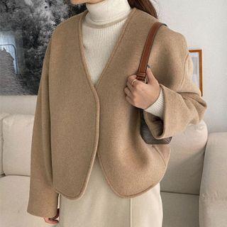 Long-sleeve Plain V Neck Woolen Blazer