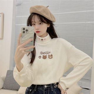 Turtleneck Bear Embroidered Sweater Off-white - One Size