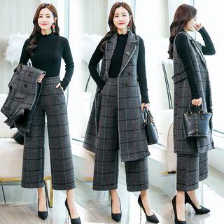 Set: Long-sleeve Knit Top + Long Double-breasted Plaid Vest + Wide-leg Pants