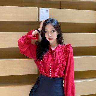 Ruffle Tie-neck Blouse / Midi A-line Skirt