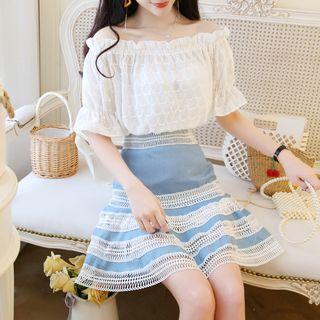 Set: Elbow-sleeve Perforated Top + A-line Mini Denim Skirt