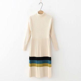 Mock Neck Long-sleeve Stripe Midi Knit Dress