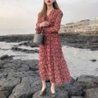 Long-sleeve Floral-print Midi A-line Dress