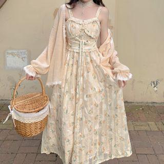 Bell-sleeve Flower Trim Plain Cardigan Almond Yellow - One Size