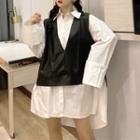 Oversized Long-sleeve Shirt / Faux Leather V-neck Tank Top