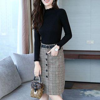 Set: Rib Knit Top + Plaid Buttoned Pencil Skirt