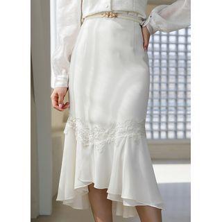 Lace-trim Chiffon-ruffle Midi Mermaid Skirt