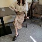 V-neck Plain Lace Blouse / High-waist Floral A-line Skirt