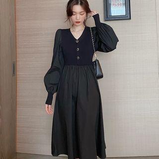 Puff Sleeve V-neck Mock Two Piece Dress