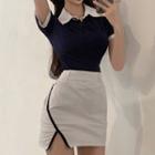 Short-sleeve Open-collar Top / Mini Fitted Skirt