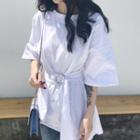 Elbow-sleeve Tie-waist Asymmetric Hem T-shirt