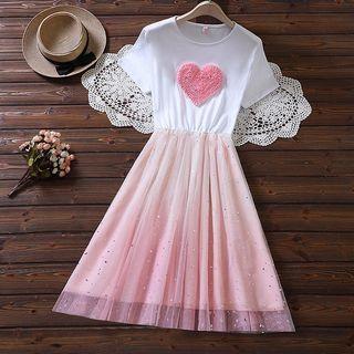 Short Sleeve Heart Patch Mesh Panel Dress