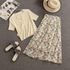 Set: Short-sleeve Cardigan + Floral Midi A-line Skirt