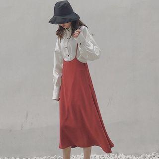 Set: Plain Blouse + Suspender Midi A-line Skirt