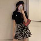 Embroidered Short-sleeve T-shirt / Floral Printed Skirt