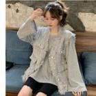 Long-sleeve Side Slit T-shirt / Faux-pearl Detail Vest