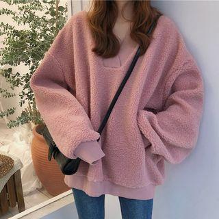 Faux Shearling V-neck Sweater