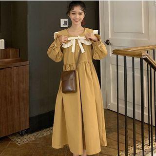 Ruffled Long-sleeve Midi A-line Dress