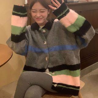 Collared Color Panel Cardigan Gray - One Size