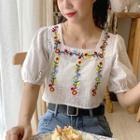 Square-neck Floral Embroidered Short-sleeve Blouse As Shown In Figure - One Size