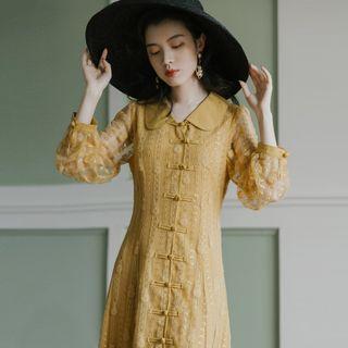 Chinese Frog Button A-line Midi Lace Dress