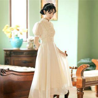 Mandarin Collar Sequined Panel Midi A-line Dress