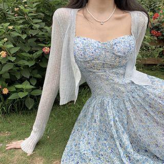 Spaghetti Strap Ruffle Hem Floral Mini A-line Dress / Long-sleeve Light Cardigan