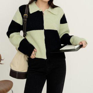 Color Block Zip Cardigan Light Green - One Size
