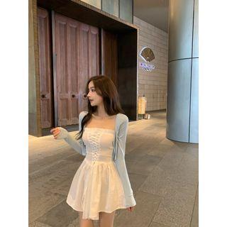 Strapless Lace-up A-line Dress / Cardigan / Set