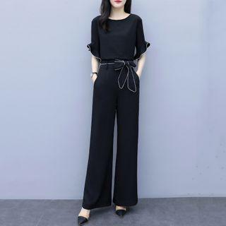 Set: Contrast Trim Blouse + High-waist Wide-leg Pants
