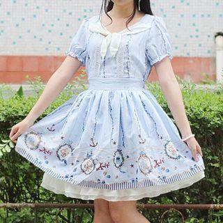 Bow Accent Printed Short Sleeve A-line Dress