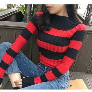 Mock-neck Color Block Knit Pullover