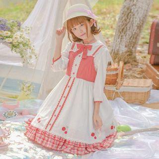 Cherry Embroidered Plaid Panel Pinafore Dress