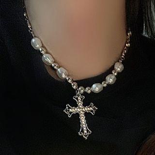 Cross Rhinestone Pendant Faux Pearl Choker White & Silver - One Size