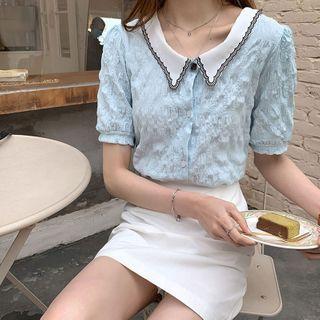Short-sleeve Embroidered Shirred Blouse