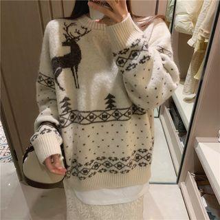 Mock-turtleneck Sweater / Straight-fit Midi Lace Skirt