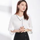 Asymmetric V-neck 3/4-sleeve Chiffon Blouse